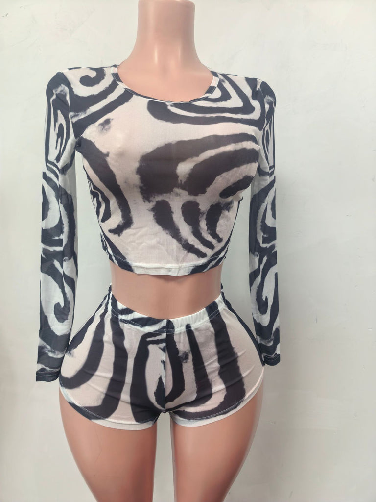 MB FASHION Long Sleeve Mesh Crop Top & Shorts Set 2665