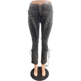 MB FASHION Black Lace-Up Side Distressed Flare Jeans 8202