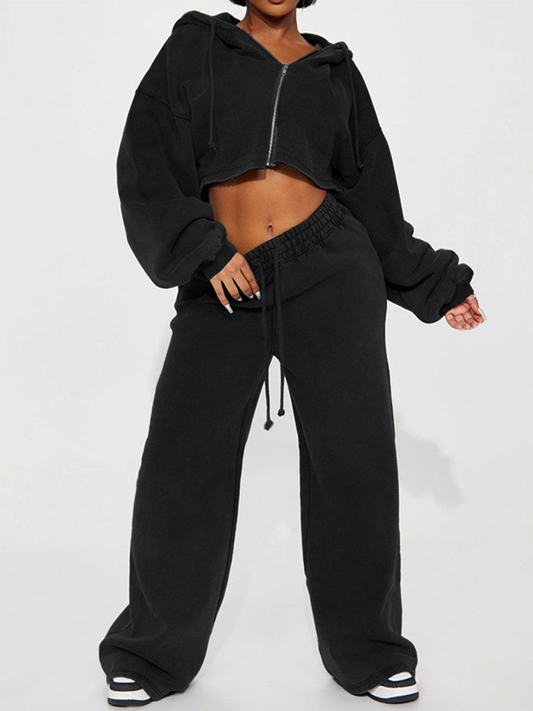 MB FASHION Cropped Zip-Up Hoodie and Wide-Leg Sweatpants Set 6051