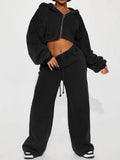 MB FASHION Cropped Zip-Up Hoodie and Wide-Leg Sweatpants Set 6051