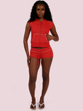 MB FASHION Waffle Knit Short Sleeve Hooded Zip-Up Crop Top & Shorts 2 PCS SET