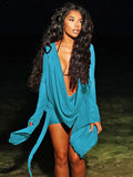 MB FASHION Deep V Plunging Neckline Long Sleeve Draped Mini Skirt Set 6101