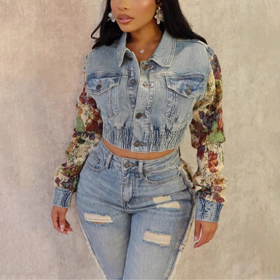 ZZ-27806 Fashion Printed Color-blocked Denim Jacket and Jeans Two-piece Set for Women ZZ-27806