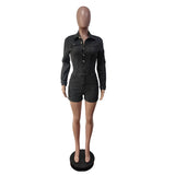 MB FASHION Long Sleeve Button-Up Denim Romper with Chest Pockets 88622
