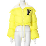 MB FASHION Letter Patch Cropped Puffer Jacket with Fleece Collar 392