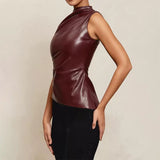MB FASHION Sleeveless Asymmetrical Faux Leather Top 298