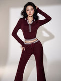MB FASHION 2 Piece Lounge Set Cropped Zip Up Top Flare Pants Matching Tracksuit 5056