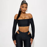MB FASHION Off-Shoulder Long Sleeve Crop Top & Cutout High-Waist Leggings Set 318