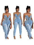 MB FASHION Denim Fringe Jumpsuit – Corset Cutout Spaghetti Strap Distressed 8206