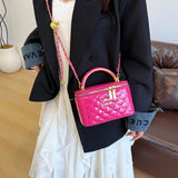 Every Fashion Quilted Patent Box Handbag with Top Handle and Chain Strap