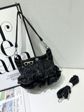 EVERY FASHION Denim Ruffle Bag – Upcycled Jean Shoulder Bag with Rhinestone Glasses Charm