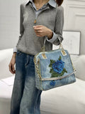 EVERY FASHION Denim Rhinestone Embroidered Floral Handbag