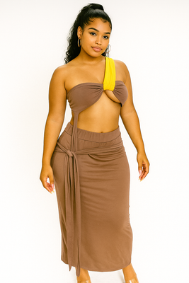 MB FASHION One-Shoulder Bandeau Top with Tie Detail Midi Skirt Set 6615T