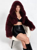EVERY FASHION Cropped Shaggy Faux Fur Jacket with Oversized Hood