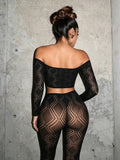 MB FASHION Black Geometric Mesh Cold-Shoulder Crop Top & High-Waist Leggings Set 7118
