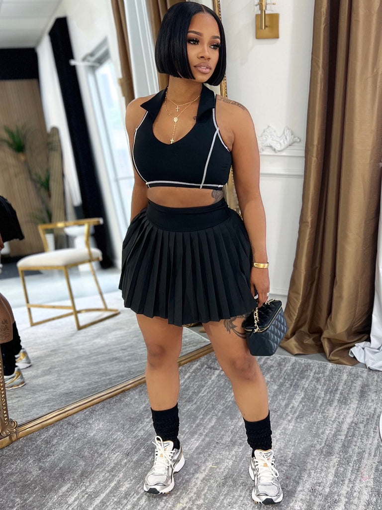 MB FASHION Sleeveless Halter Crop Top & Pleated Mini Skirt Two-Piece Set 6025