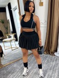 MB FASHION Sleeveless Halter Crop Top & Pleated Mini Skirt Two-Piece Set 6025