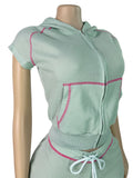 MB FASHION Waffle Knit Short Sleeve Hooded Zip-Up Crop Top & Shorts 2 PCS SET