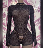 MB FASHION Leopard Print Mesh Mock Neck Romper 2673