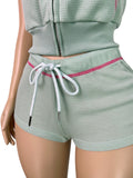 MB FASHION Waffle Knit Short Sleeve Hooded Zip-Up Crop Top & Shorts 2 PCS SET