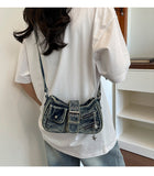 EVERY FASHION Distressed Denim Multi-Pocket Shoulder Bag with Hardware Details