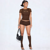 MB FASHION Sheer Mesh Short Sleeve Crop Top & High-Waisted Shorts Set 559