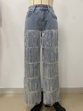 MB FASHION High-Waist Fringe Detail Wide-Leg Jeans 2404
