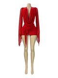 MB FASHION Deep V Plunging Neckline Long Sleeve Draped Mini Skirt Set 6101