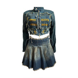 MB FASHION Distressed Denim Crop Jacket and Pleated Mini Skirt Set 8088LY