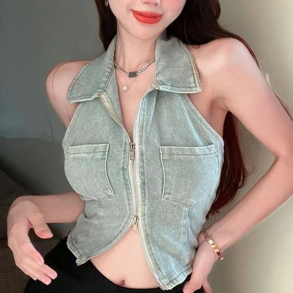 Mb Collection Halter MB FASHION DENIM DUAL ZIP UP HALTER TOP 021LY | MB Fashion Wholesale