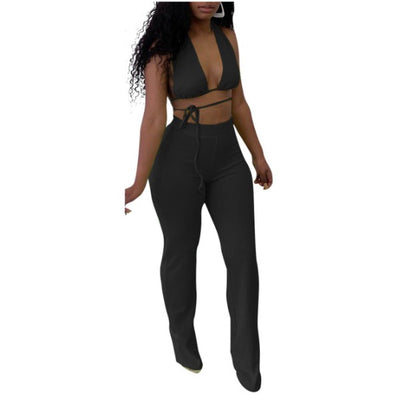 MB FASHION Wrap Crop Top and High-Waisted Flared Pants Set 5048R