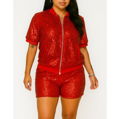 MB FASHION Sequin Zip-Up Jacket and Shorts Set 8290T