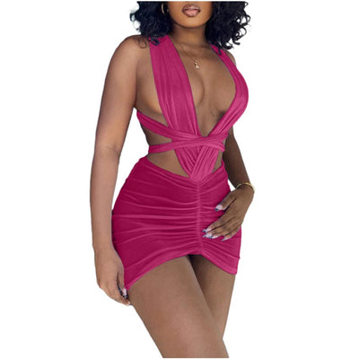 MB FASHION Plunging Ruched Mini Dress with Crisscross Cut-Out Design 5106T