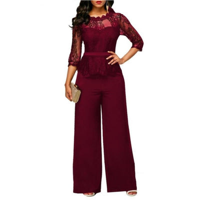 MB FASHION Elegant Lace Peplum Wide-Leg Jumpsuit – Burgundy Evening Chic 3597