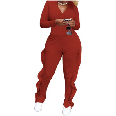 MB FASHION Zip-Up Top and High-Waisted Ruffle Detail Pants Set 1000R LAST S