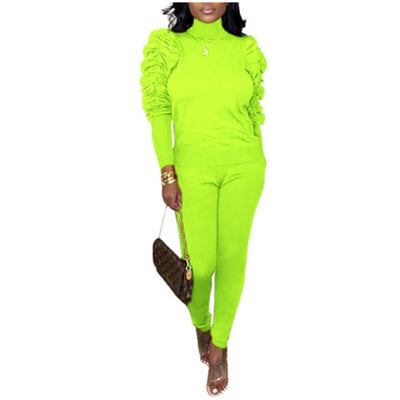 MB FASHION Ruched Sleeve High-Neck Top and Slim-Fit Pants Set 8065 L AND XL