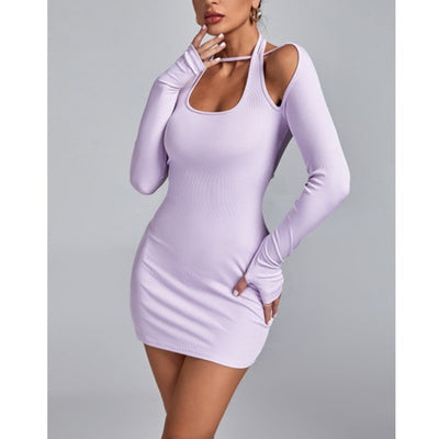 MB FASHION Ribbed Cut-Out Shoulder Mini Dress with Long Sleeves 492T