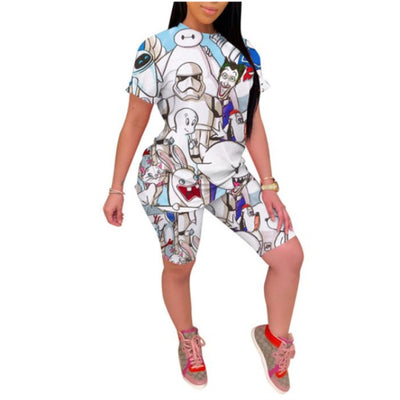 MB FASHION Cartoon Graphic T-Shirt and Knee-Length Shorts Set 3409 LAST XL