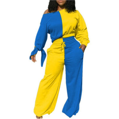 MB FASHION Color Block Off-Shoulder Top and Wide-Leg Pants Set 12274