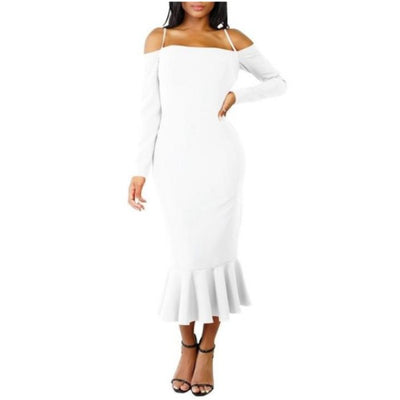 MB FASHION Off-Shoulder Mermaid Midi Dress with Long Sleeve Strap Detail 2583