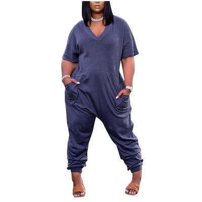 MB FASHION Relaxed Fit V-Neck Harem Jumpsuit with Pockets 8059R