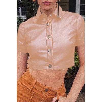 MB FASHION Cropped Snap-Button Short Sleeve Shirt with Collar 141T