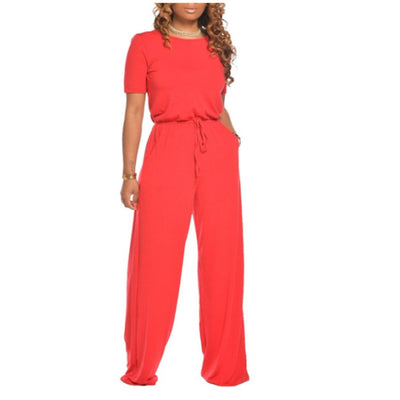MB FASHON Short-Sleeve Wide-Leg Jumpsuit with Drawstring Waist 8270