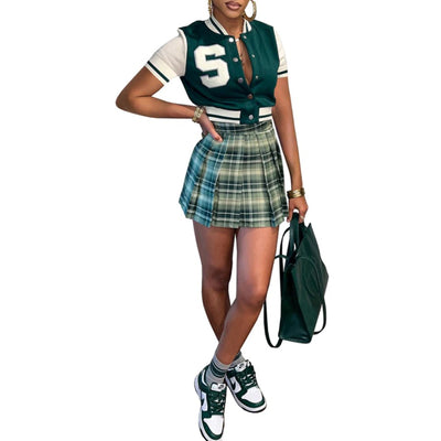 MB FASHION Varsity Jacket and Pleated Skirt Two-Piece Set 8209T