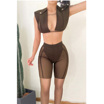 MB FASHION Padded Shoulder Crop Top & Sheer Panel High-Waist Shorts Set 3755T