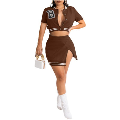 MB FASHION Cropped Varsity Jacket and High-Waisted Skirt Set with Slit 5089T