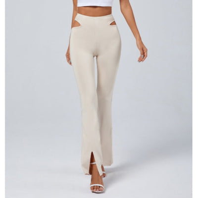 MB FASHION High-Waisted Flared Pants with Hip Cutouts and Front Slits 3223R