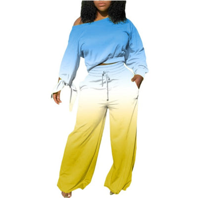 MB FASHION Ombré Off-Shoulder Top and Wide-Leg Pants Set 8089