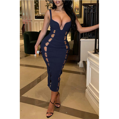 MB FASHION Cutout Bodycon Midi Dress with Plunging Neckline 7179AT