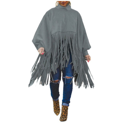 MB FASHION Fringe Hem High-Neck Poncho 2210R